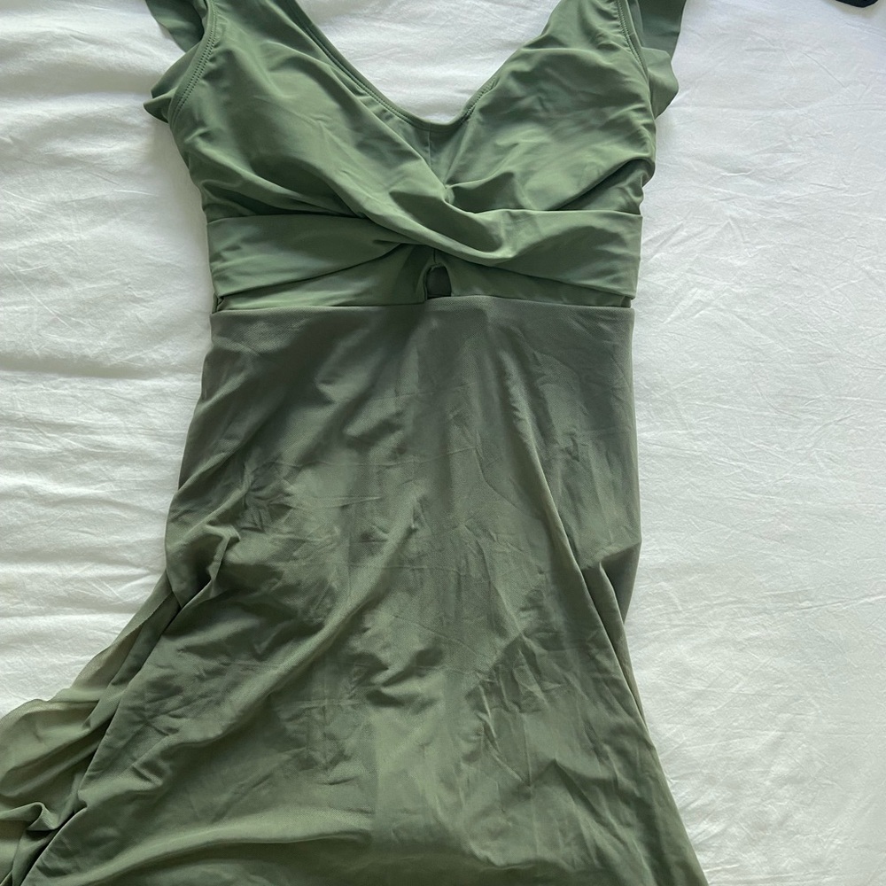 Green Ruched V-Neck Sheath One Piece